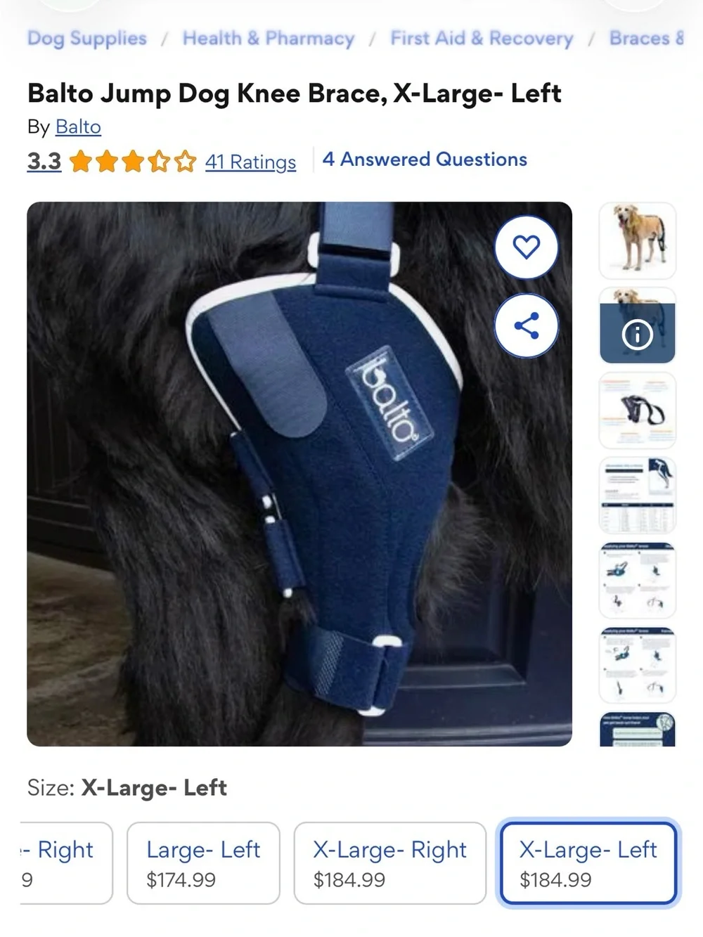 Left Rear Dog Knee Brace - Navy Blue USED